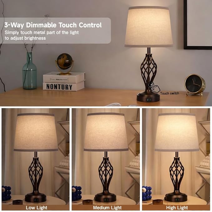 Touch Table Lamps Set of 2, nightstand lamp with USB Ports Bedside 3 Way Touch dimmer Desk lamp for Living Room Bedroom,Brown Plated Spiral cage Base Design Warm White dimmer Bulbs Included.