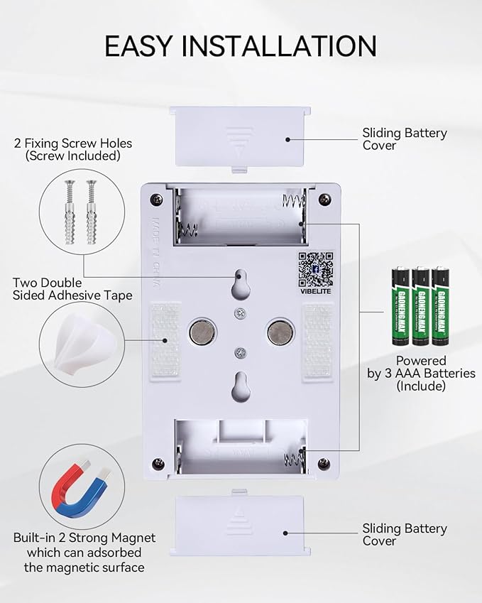 VIBELITE LED Night Light Switch, 12 Total Batteries Included, 200 Lumen Wireless COB LED Switch Light, Under Cabinet, Shelf, Closet, Garage, Kitchen, Stairwell and Emergency, Battery Operated, 4 Pack