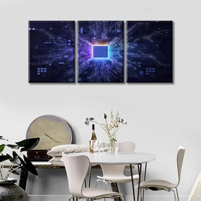 TUMOVO Computer Processors CPU Modern Home Decor 3 Panels Technology Science Poster Artwork Pictures Canvas Wall Art for Bedroom, Living Room, Office. Ready to Hang (36" Wx16 H)