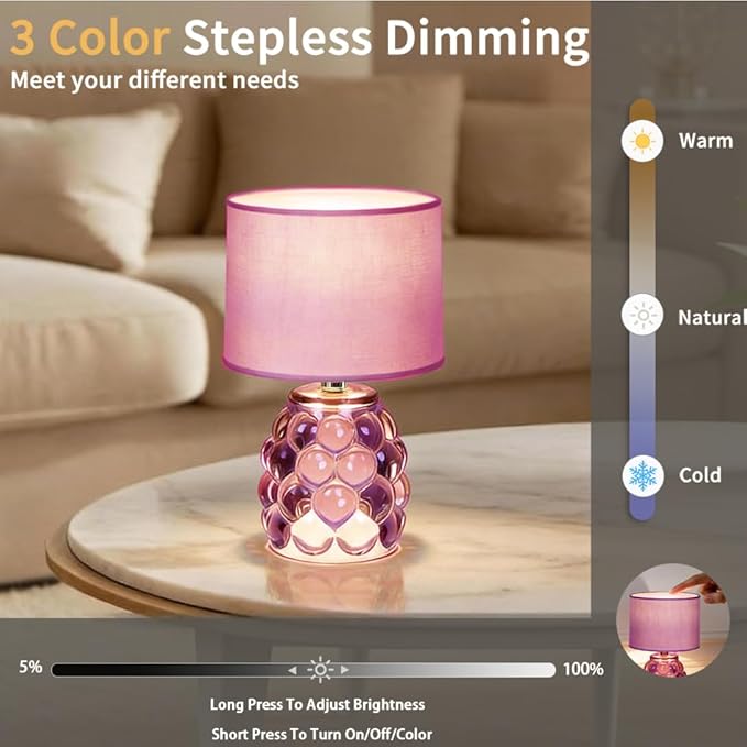 MJ PREMIER Rechargeable Table Lamp Dimmable Purple Cordless Lamps with 3 Color Wireless Portable Battery Operated LED Desk Lamp with USB-C for Bedroom, Nightstand, Office, Emergency Light
