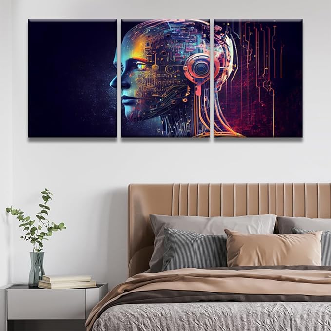 LSIUHWUWI Modern Wall Art 3 Panel Wall Art Humanoid Head with Blue and Yellow Eyes Pictures Print On Canvas Wall Decor for Living Room, Wooden Framed Ready to Hang 12x16inchx3