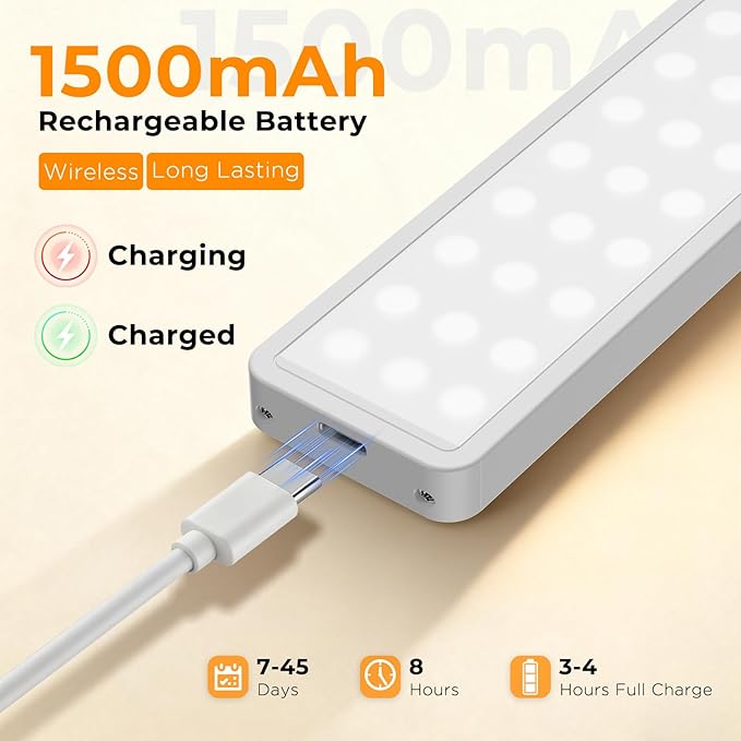 Under Cabinet Rechargeable Dimmable Lighting: 3 Color Temperature Motion Sensor Lights Indoor - Battery Operated Lights - Activated Closet Magnetic Wireless Led Light for Kitchen Home Bathroom 4 Pack
