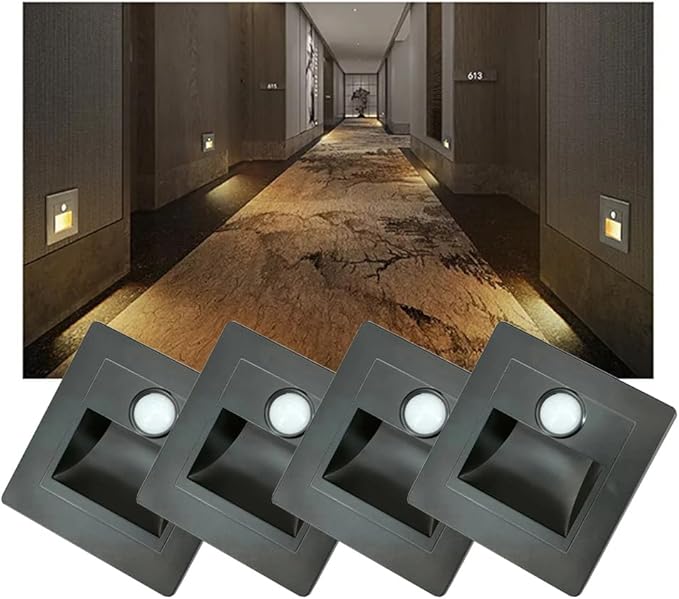 4Pcs Motion Sensor Stair Lights 3W Recessed LED Step Light 3000K Indoor Stair Step Wall Lamp Staircase Bedroom Decoration 4Pcs Black