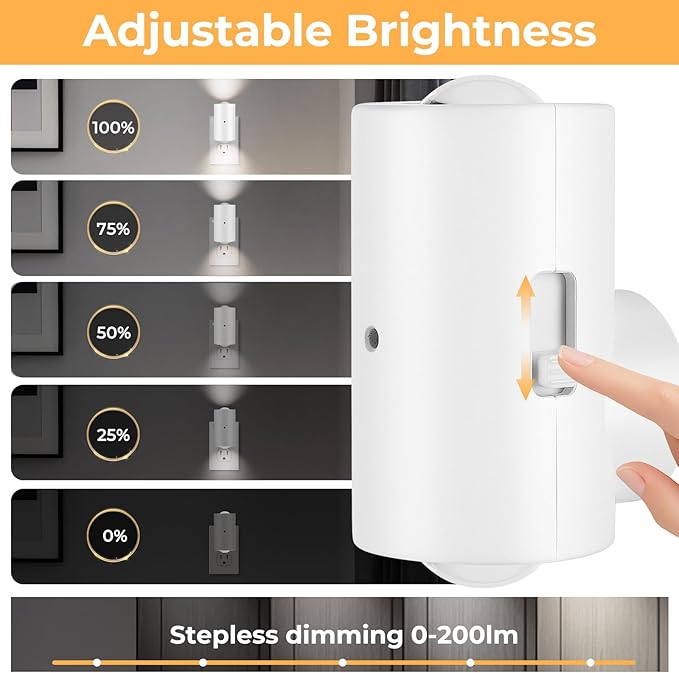 4 Pack Small LED Night Light, Dimmable Plug-in with Dusk to Dawn Auto On/Off, 5000K Daylight Adjustable Brightness (0-200 LM), 180° Rotating Head for Kitchen, Bathroom, Hallway