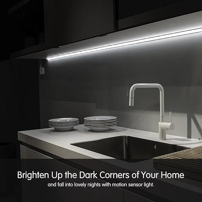 Rechargeable Under Cabinet Lighting, 2M Motion Sensor LED Light Strip, 6000K Cold White Night Light for Closet, Stairway, Stairs, Counter, Kitchen Cupboard, Bedroom, Bathroom
