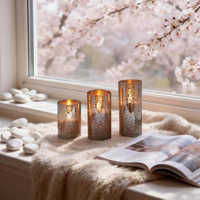 Silver Mercury Crackle Glass Flameless LED Pillar Candles Set of 3 – Warm White Flicker, Remote & Timer, Batteries Included, for Spring Weddings, Home Decor & Romantic Ambiance