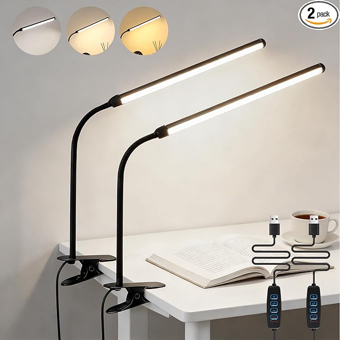 2 Pack LED Desk Lamp with Clamp,Eye-Friendly Clip on Lights for Home Office Study Reading,3 Modes 10 Brightness,Long Flexible Goose-Neck,Swing Arm Architect Task Table Lamps with USB Adapter
