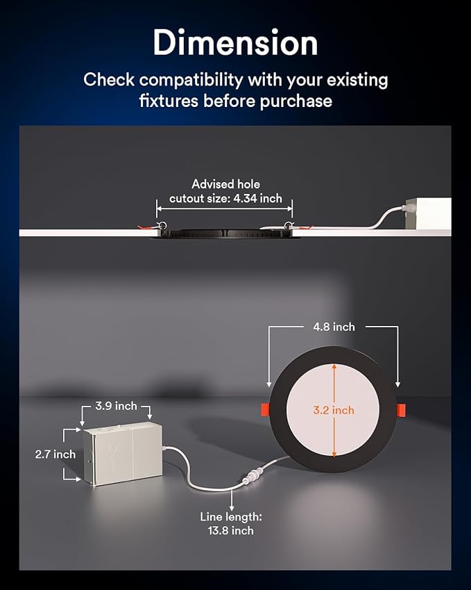 Lumary Black Smart WiFi Recessed Lights 4 Inch, Ultra-Thin LED Recessed Lights with J-Box, 9W 780LM Dimmable Canless Wafer Downlight, Works with Alexa/Google Assistant/BT Remote, ETL Listed, 1 Pack
