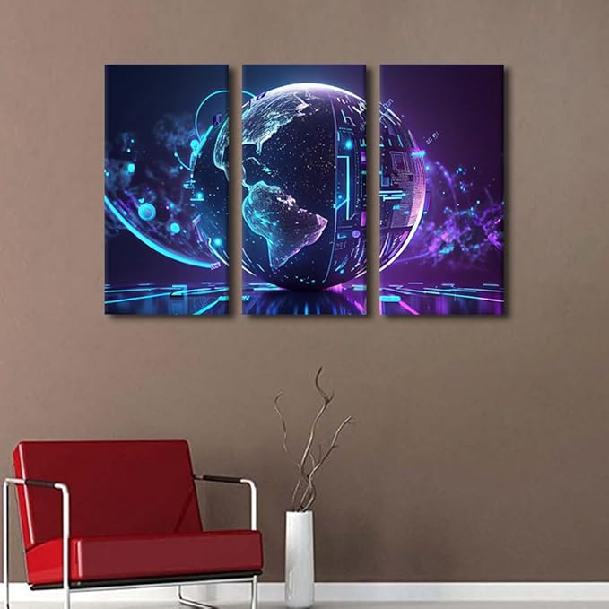 Digital World Wall Decor 3 Pieces Neon Colorful Global World in Cyber Space Pictures for Home Decoration, Modern Artwork Giclee Wooden Framed Gallery-Wrapped Ready to Hang, 36" Wx24 H