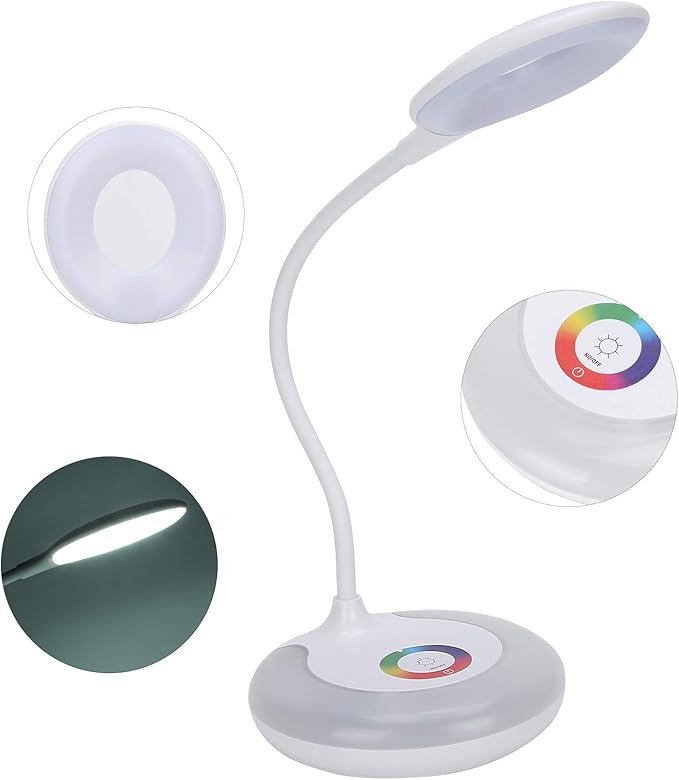 Fdit LED Desk Lamp with 3 Dimmable Modes and RGB Color Lights, 360 Adjustable Gooseneck, USB Powered Eye Protection Table Lamp for Reading, Study, and Bedroom, 5W Energy Saving (Rechargeable Version)