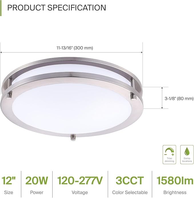 ASD LED 12" Round Flush Mount Lighting, Close to Ceiling Light Fixture | 3CCT, Dimmable, Energy Star, ETL Listed | 20W 1580LM 3000-5000K 100-277V | Low Profile Double Ring Lamp | Nickel