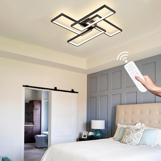 Modern LED Ceiling Lights for Bedroom 26" Dimmable Square Ceiling Lights for Living Room with Remote Control Black Bedroom Light Fixture for Kitchen,Bathroom,Balcony