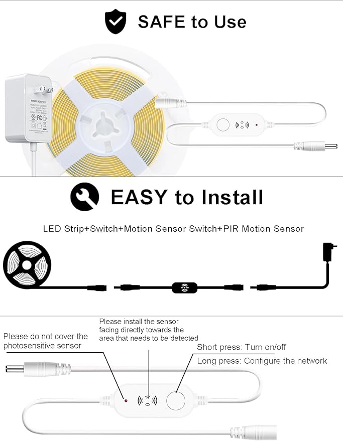 Cool White 6500K Smart COB LED Strip Light 16.4ft with Radar Motion Sensor, WiFi APP Control Dimmable Flexible LED Tape Light Timed for Google Home Alexa for Cabinets,Home&Office DIY Lighting
