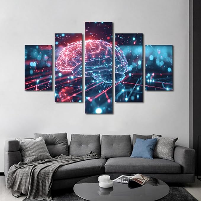 5 Panel Digital Human Brain Canvas Printing Futuristic Technology Wall Art for Living Room AI Artwork Wall Art Artificial Intelligence Picture Frames Collage Wall Decor Canvas Artwork House 60"Wx40"H