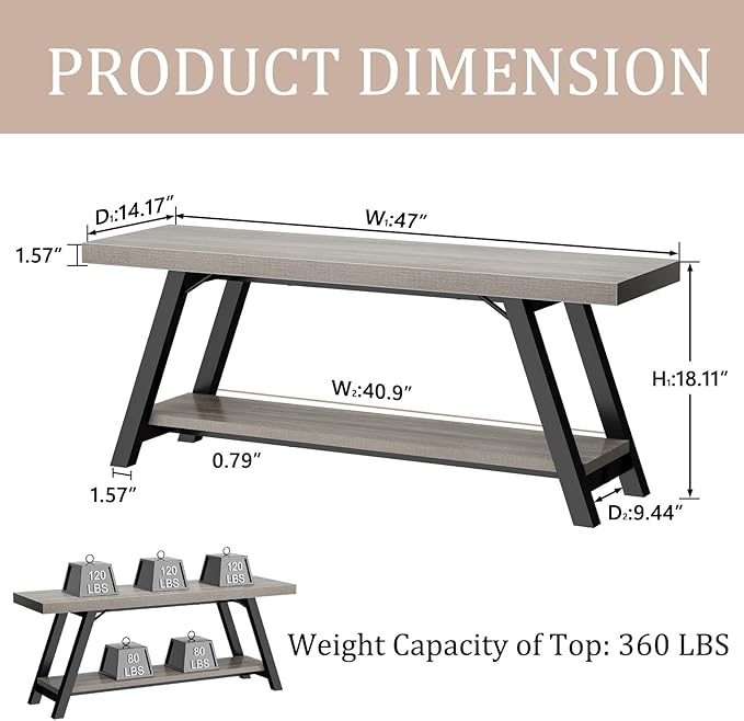 LVB Industrial Entryway Bench, Wood and Metal Storage Bench, Indoor Farmhouse Hallway Accent Entry Bench for Seating Sitting, Shoe Rack Organizer Cabinet in Foyer Bedroom, Light Grey Oak, 47 Inch Long
