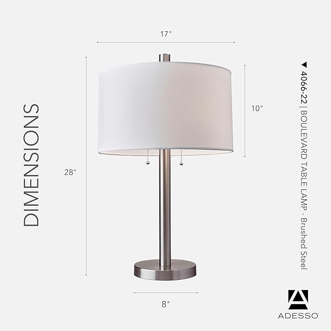Adesso Brushed Steel Table Lamp with White Fabric Shade – Dual Socket Pull Chain Accent Light for Bedroom, Living Room, or Home Office, 28” Tall