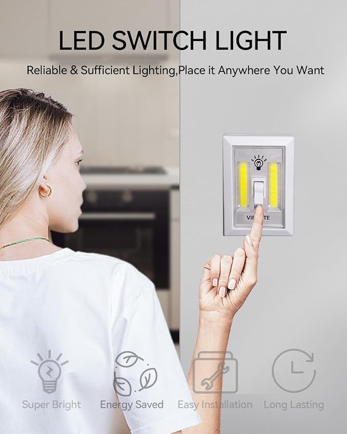 VIBELITE Closet Light, Battery Operated Switch Light, Tap Light, Touch, Push Night Lights, Wall Wireless Mount Under Cabinet, Shelf, Shed, Kitchen, Garage, Attic, RV, Lighting Installations (4-Pack)