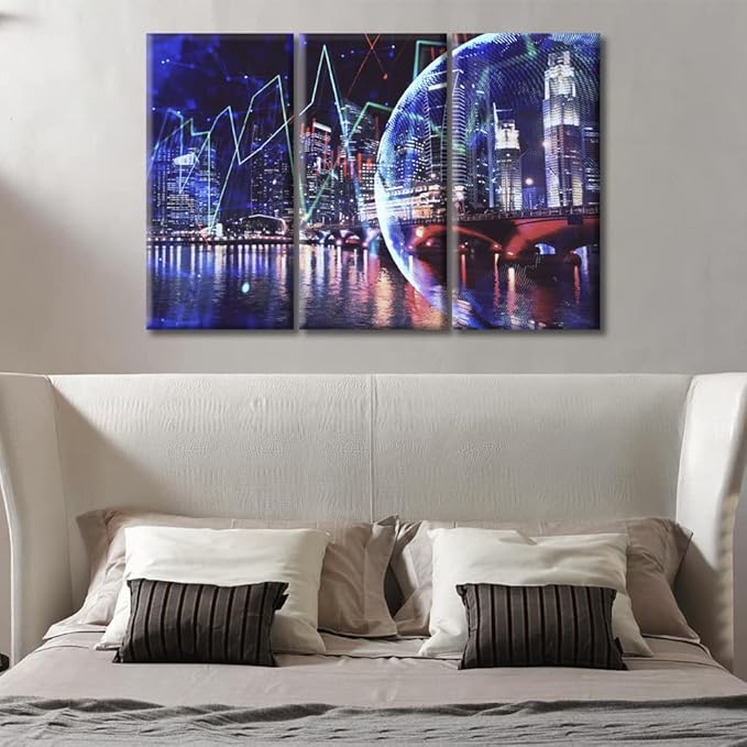 Modern Canvas Business and Financial Concept Pictures Home Decor Posters and Prints 3 Pieces Trading Graph on the Cityscape at Night Background Wall Art for Living Room Ready to Hang (36"Wx24"H)