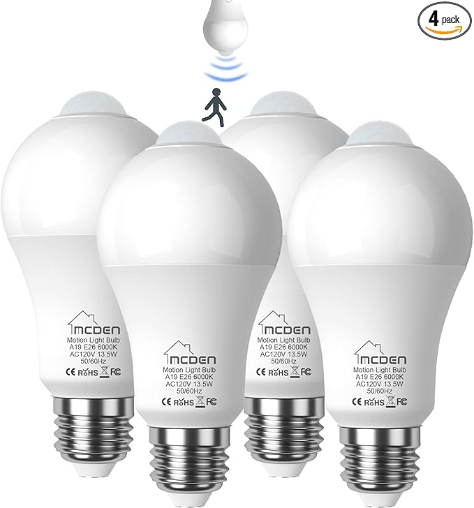 McDen Motion Sensor Light Bulb, Indoor Motion Activation Detector Light Bulb, E26 Base Dusk to Dawn Security Night Light 13.5W Equivalent 100W 6000K Daylight 4 Packs
