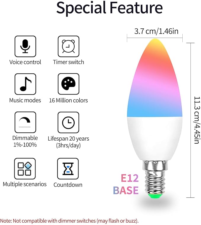 Smart Candelabra LED E12 Bulbs - Work with Apple HomeKit, Wi-Fi Dimmable Chandelier Light Bulbs (4 Pack) - 5W (40W Equivalent), 450LM - Compatible with Alexa, Google Home and SmartThings