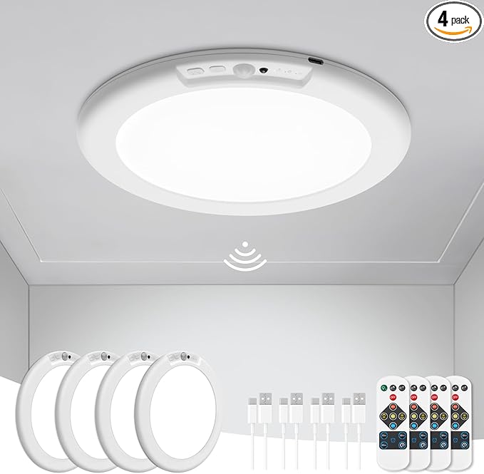 wowatt Battery Operated Ceiling Light Rechargeable Ceiling Lights with Remote Wireless Shower Lighting 3000K 4500K 6500K 7.48in Dimmable Timing Overhead Light for Closet Shower Living Room(4 Pack)