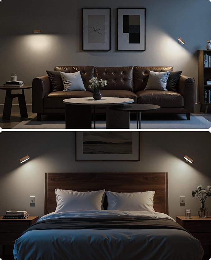 Wood LED Wall Sconce Magnetic 360°Rotate Mounted Mini Lamp Brightness Adjustable Nightlights Rechargeable Battery Powered Reading Light for Bedside Hallway Living Room Black Walnut Set of 2