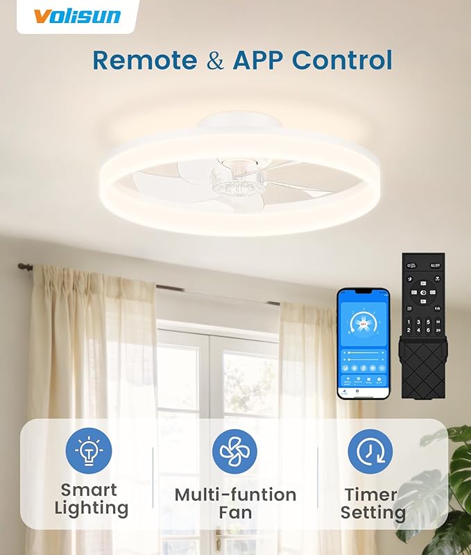 VOLISUN Low Profile Ceiling Fans with Lights and Remote, 20in Fandelier Ceiling Fan Flush Mount, 3000K-6500K Smart Bladeless LED Fan Light, White Modern Ceiling Fans with Lights for Bedroom
