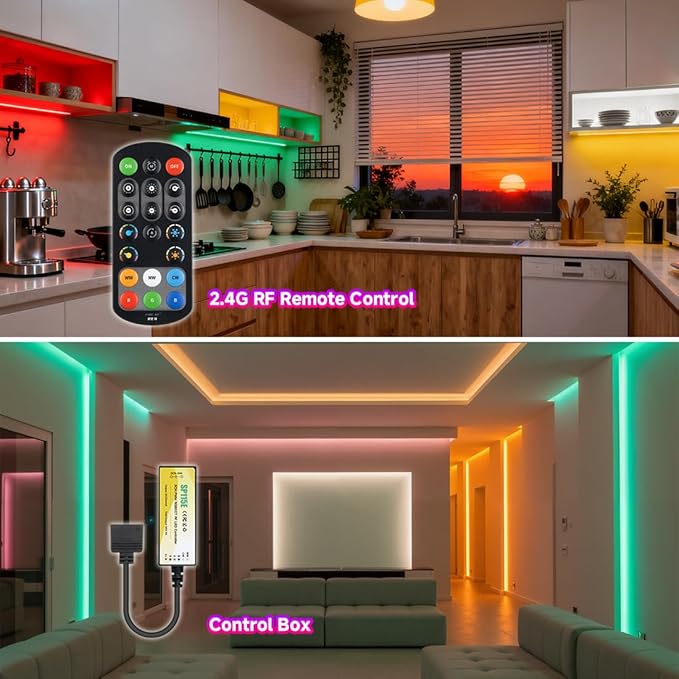BTF-LIGHTING FCOB COB RGBCCT Color Changing LED Strip with Remote,UL Listed Flexible High Density DC24V 9.8FT RGB+Tunable White 3000K-6000K RF Remote Controller 12mm Width 3M Tape for Home Decor