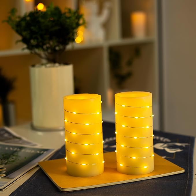 BeMoment Flickering Flameless Candles Ivory Real Wax Pillar with Embedded String Lights LED Candles Battery Operated Candle with Timer and Remote, for Bedroom, Wedding, Home Decor Set of 2 (3" x 6")