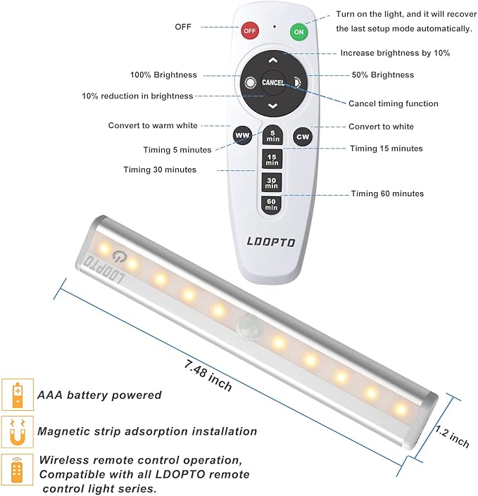 LDOPTO Battery Operated Lights Wireless Under Cabinet LED Closet Lighting Under-Counter Light fixtures Without Wiring with Remote/Touch Control for Kitchen Shelf Hallway Stairs, 3 Colors 3 Pack
