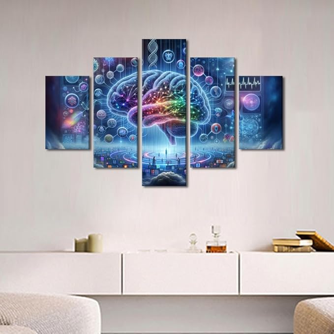 5 Panel Digital Brain in Colour Background Painting Artwork Neural Network Pictures for Living Room Wall Decoration Artificial Intelligence Canvas Printing Wall Art Wall Decor for Bedroom 60"Wx40"H