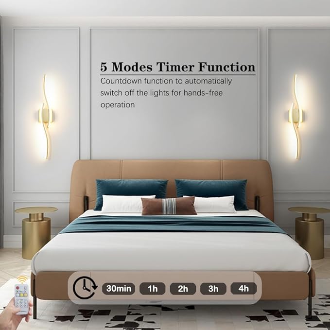 Modern Gold Wall Light Fixture Set of 2, RC Dimmable LED Wall Light Indoor, LED Wall Decor for Hallway Bedroom Living Room, Hardwired Wall Sconce with Remote Control, 27.56" in, Timer, Memory