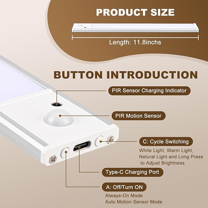 Under Cabinet Lighting 2 Pack, Wireless Motion Sensor LED Light, USB Rechargeable, Remote Control, 3 Color Dimmable, Magnetic Mount, Timer Function, 8-50 Days Runtime for Kitchen Cupboard Closet