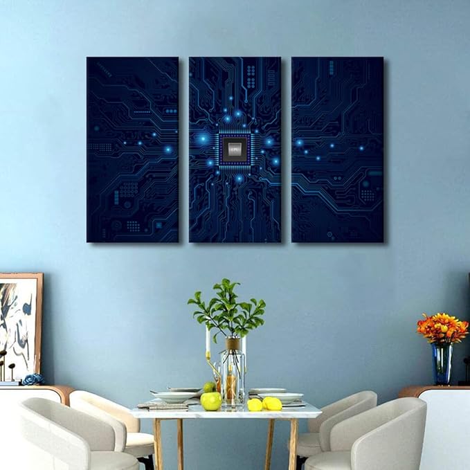 Digital Age Wall Art for Living Room Electronic PC Office Wall Decor 3 Piece Canvas Prints Technology Digital Art Modern Artwork House Decoration for Bedroom Bathroom Framed Ready to Hang(24"Wx36"H)