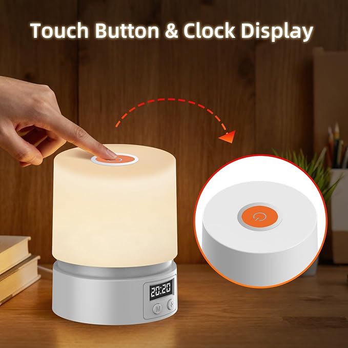 Nursery Night Light with Clock for Kids, Touch Lamp Bedside Desk Lamp, Portable Breastfeeding Night Lamp for Baby, 3 Color Stepless Dimming Up for Restaurant,Bedroom,Rechargeable (Grey)