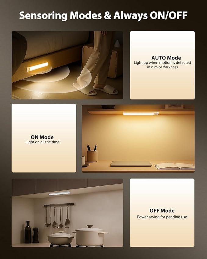 10inch Under Cabinet Lighting, 68 LED Rechargeable Motion Sensor Light Indoor, 6 Levels Dimmable Magnetic Closet Lights, Wireless Under Counter Lights for Kitchen, Stairs, Bedroom, 2-Pack Warm Light