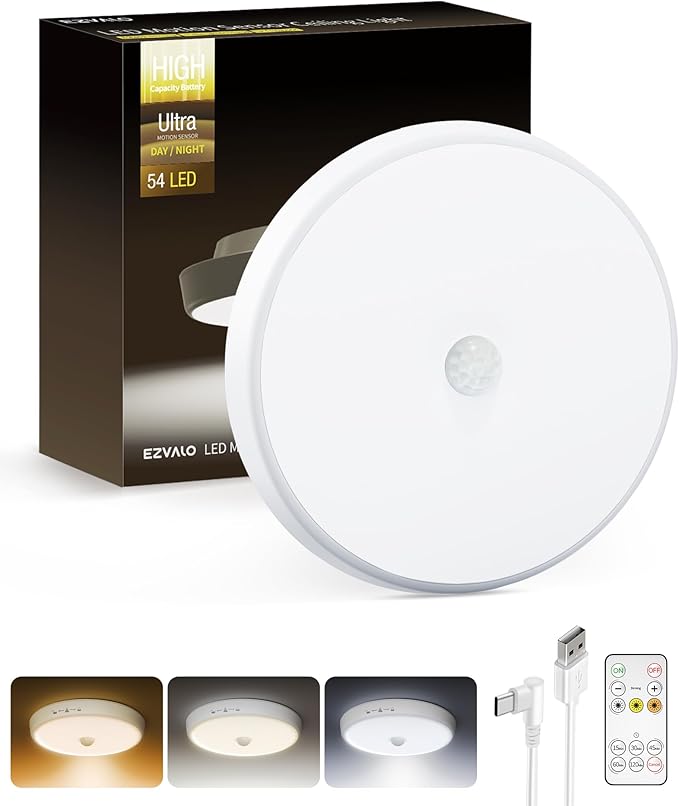EZVALO Motion Sensor Light Indoor, 10000mAh, 7.1inch, 400LM, Remote Control, Dimmable, LED, Flush Mount, Wireless, Rechargeable, Battery Operated, Cordless, Ceiling Light, Closet Light, No Wiring