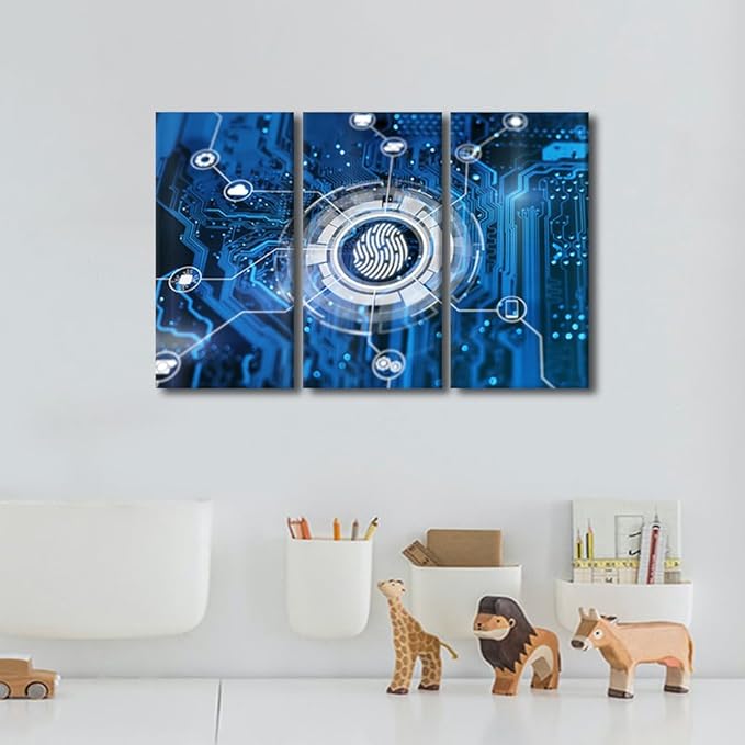 Bedroom Wall Art 3 Panels Fingerprint Login Authorization and Cyber Security Concept Posters Print on Canvas Wall Decor for Living Room Bedroom, Cyber Security Posters and Prints, 36" Wx24 H