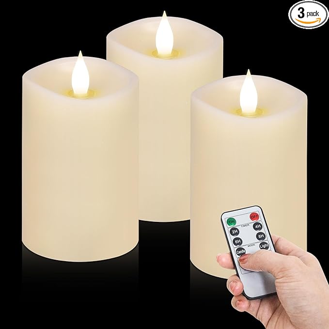 3PCS, 3 x 5 inches Flameless Candle with Remote Control, 3D Flickering Wick, Real Wax, Battery Candles,with Timer,Battery Powered Candles,for Holiday Home Decor,Ivory