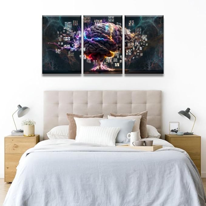 LSIUHWUWI 3 Panel Modern Wall Art Human Brain Full with Creativity Pictures Print on Canvas Wall Art for Bedroom Living Room Home Office Wall Decorations Framed Ready to Hang 16x24inchx3
