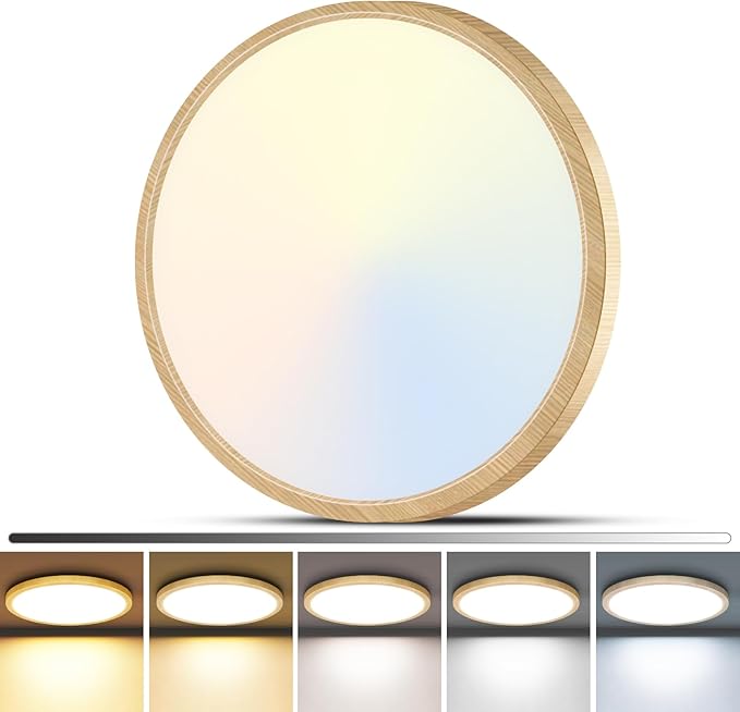 zemty 1Pack 12 inch Faux Wood LED Flush Mount Ceiling Lights, Dimmable 5 Color Temp (3000K-6500K), 24W 2400LM Bright Round Light Fixture for Livingroom Bedroom Diningroom Kitchen