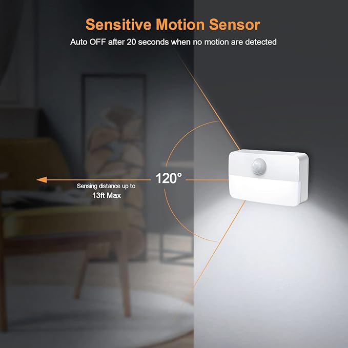 【4 Pack】 Motion Sensor Night Light, Stick-On Motion Sensor Lights Indoor, Battery Powered Under Cabinet Kitchen Lights with Adhesive Pads, Auto/On/Off for Cupboard Wardrobe Stair Kitchen