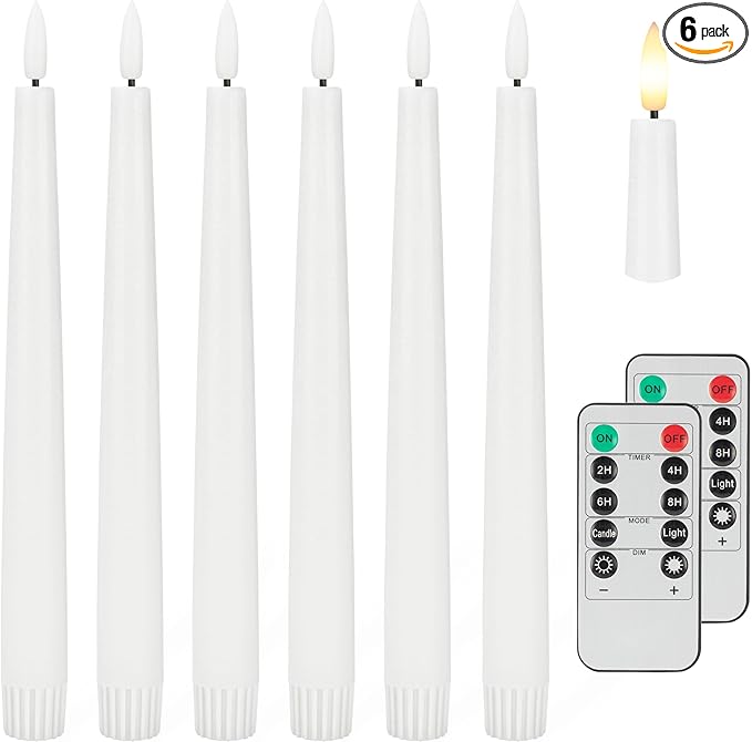 Flameless Taper Candles with 3D Wick, 9.6" Real Wax LED Candles with 2 Remote and Timer, 6 Pack Flickering Candlesticks Battery Operated, Classic Tall Taper Candle for Home, Wedding, Party, White