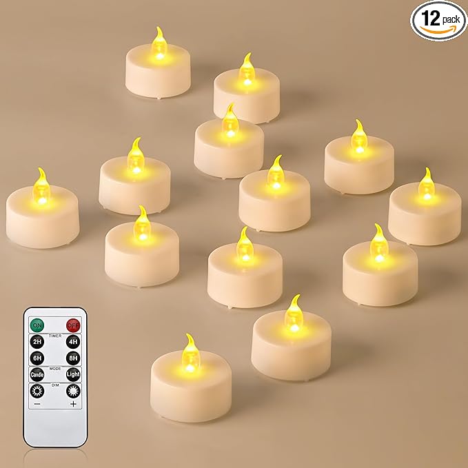 JOSU 12Pcs Flickering Flameless Led Tea Lights Candles Battery Operated, 200+ Hours Fake Electric Candles with Remote Timer, Warmer Lamp White Candlesticks for Home Wedding Party Decor