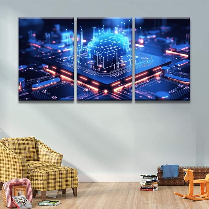 LSIUHWUWI 3 Panel Canvas Wall Art Modern Canvas Prints Art Cloud Computing transfer Data on Internet Pictures Posters, CPU Wall Art Wooden Framed Ready to Hang, 16x24inchx3