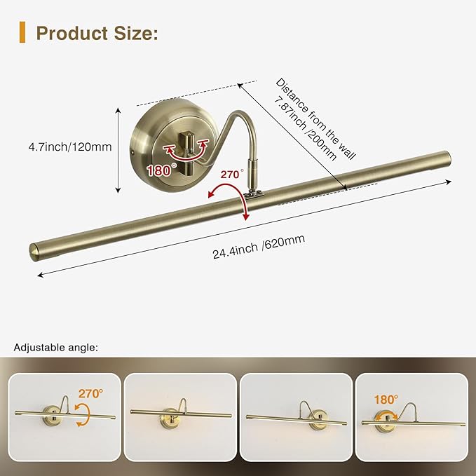 JOOSENLUX Modern LED Picture Lights Mini Accent Spotlights Brief Metal Artwork Display Lamp 24.4“ Inch14W(70W Eqv.),Natural White 3000K,Hardwired Swing Arm,Antique Bronze