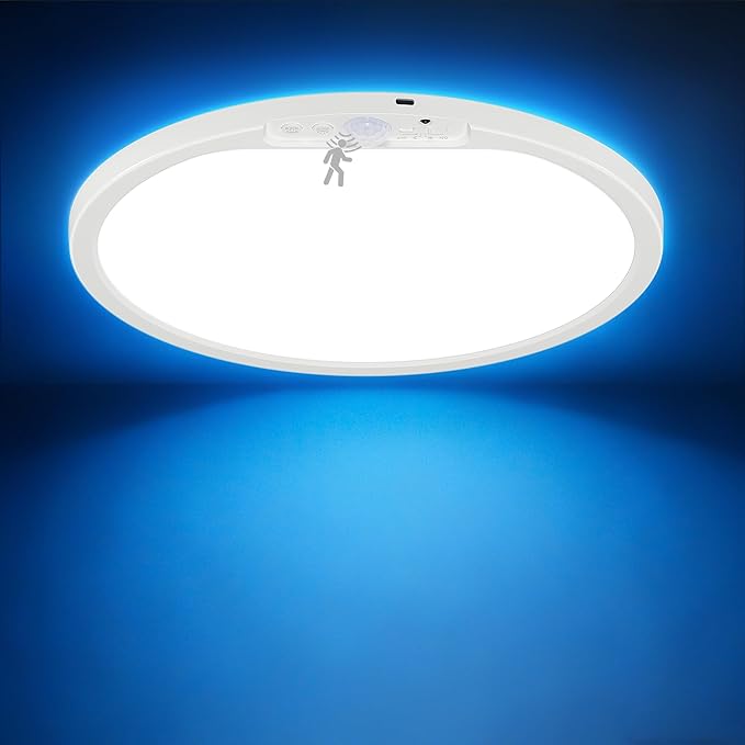 KINDEEP Bedroom Ceiling Light with Night Light: 12 Inch 10000mAh Rechargeable Ceiling Light with Remote, Dimmable 3 Colors & RGB, Wireless Motion Sensor Ceiling Lamp for Bedroom, Hallway, 1 Pack