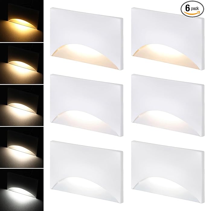 LEONLITE White 5CCT 120V LED Step Lights, 150LM 5%-100% Dimmable Stair Lights Indoor Outdoor IP65 Waterproof, Aluminum Anti-Glare Shell, CRI90 ETL 2700K/3000K/3500K/4000K/5000K, Pack of 6