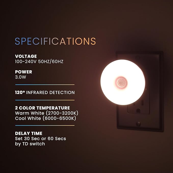 LED Motion-Activated Sensor Dusk to Dawn Night Light Adjustable Color AC Outlet Plug-in Wall Stair Motion Sensor Lamp Plug Into Wall 30s-60s Indoor Bedroom Hallway Stairway Garage Basement Corridor