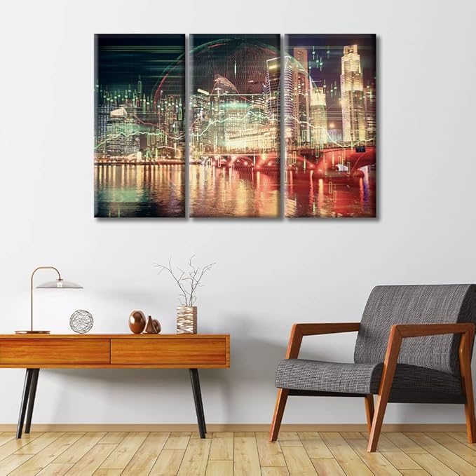 TUMOVO 3 Panel Business and Financial Concept Wall Decor Financial Chart on City Scape with Tall Buildings Background Canvas Wall Art Posters and Prints Ready to Hang (36" Wx24 H)